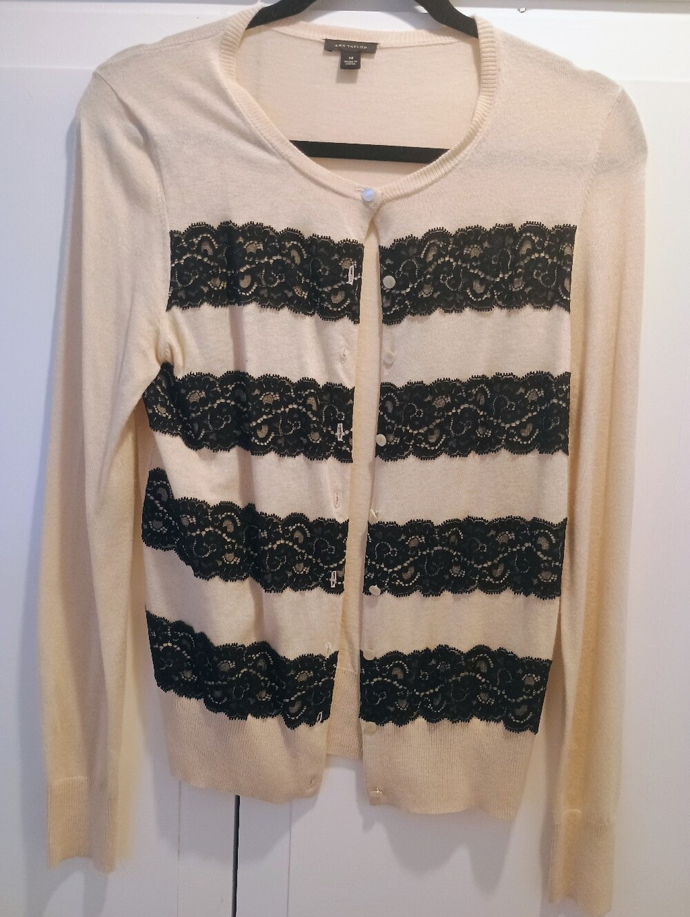 Ann Taylor Light Weight Cream Cardigan with Black Lace Accents